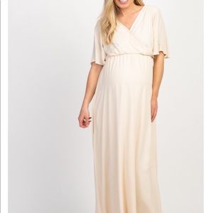 Beige Chiffon Bell Sleeve Maternity Maxi Dress